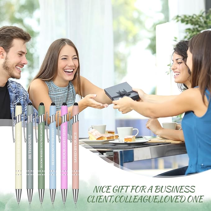 Zonon 12 Pieces Inspirational Pens Bulk Easter Basket Stuffers Motivational Quotes Ballpoint Pens with Stylus Tip Inspirational Gifts for School Office Teachers(Morandi,Bible Style)