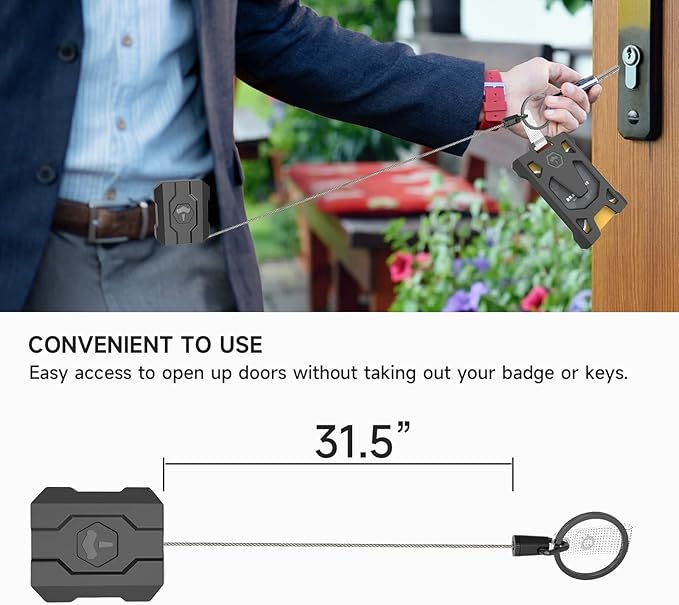 Retractable Keychain Badge Holder with Belt Clip, Heavy Duty Carabiner ID Badge Clip Reel, 31.5” Steel Retractable Cord, 10 oz Rebound,Black-1 Pack (with 1 Badge Clip)