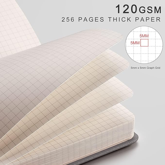 EMSHOI Graph Paper Notebook - 256 Pages A5 Graph Notebook/Journal, Hard Cover, 120gsm Thick Paper, Smooth PU Leather, Inner Pocket, 5.75" x 8.38"-Khaki