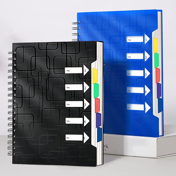 CAGIE 2 Pack Spiral Notebooks College Ruled Total 480 Pages 5 Subject Notebook with Tabs Dividers A4 Notebooks for Work Organization Note Taking School, Black& Blue, 8.5x11