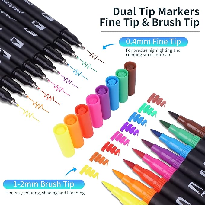 Markers for Adult Coloring Book, 120 Colors Art Markers Set Dual Tip Brush Pen, Coloring Markers Fine Point Kids Artist Drawing Paintings Diaries Journaling Art projects Art Supplies with Case