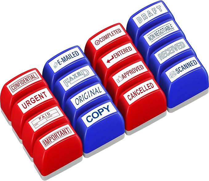 Crtiin 16 Pcs Office Stamp Set Message Self Inking Rubber Stamp Set for Office Stamps Completed Faxed Scanned Stamps for Message Supplies(Red, Blue)