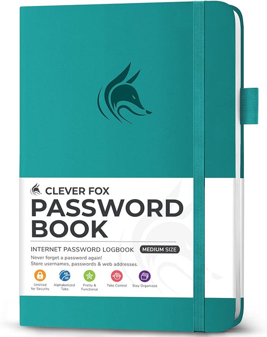 Clever Fox Password Book with Alphabetical tabs. Internet Address Organizer Logbook. Medium Password Keeper for Website Logins (Turquoise)