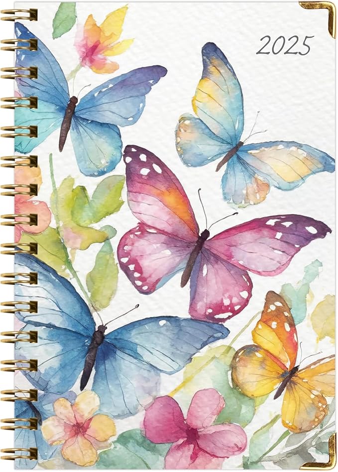 HARDCOVER 2025 Planner, 5.5"x8": 14 Months (November 2024 - December 2025), Daily Weekly Monthly Planner, Yearly Agenda, Bookmark, Pocket Folder and Sticky Note Set (Watercolor Butterflies)