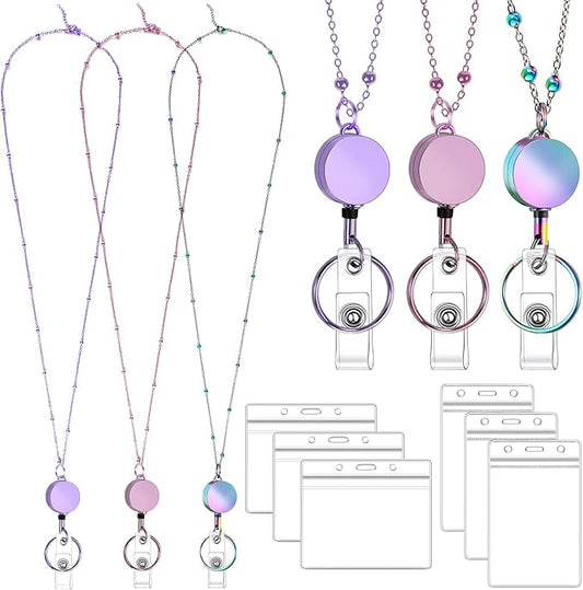 Lanyards for Id Badges 3 Pack Badge Lanyard with 6 Pcs Id Badge Holder Retractable Stainless Steel Teacher Lanyards Cruise Ship Lanyards for Girl Women (Purple, Pink, Bright Blue)