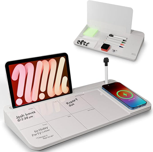 NEXTLUXE Glass Desk Whiteboard with Wireless Charger - Desktop Whiteboard with Storage, Weekly Planner, Dry Erase Pad, Organizer Drawer for Home, School, Office Gadgets – White