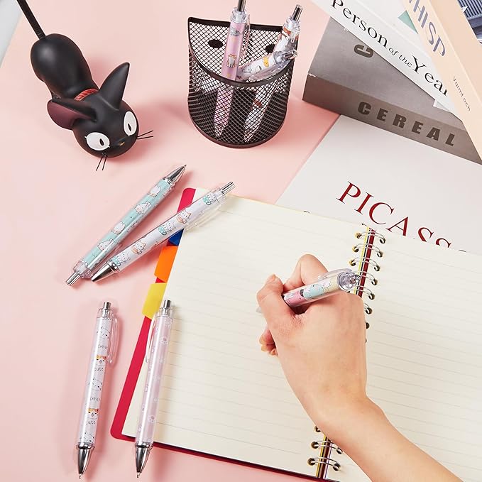 Ireer 8 Pcs Ballpoint Pens for Women 1.00 mm Cute Black Ink Fancy Pens Fine Point Smooth Writing for Journaling Aesthetic Office Supplies(Cat)