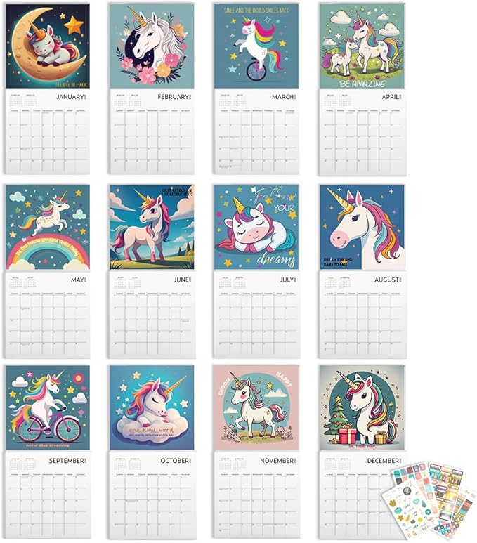 Unicorn Calendar 2025 with Sticker Pack, Large 12 x 12 inch, Unicorn Wall Calendar with Sticker Set, Gift for Unicorn Lovers, Cute Calendar for girls