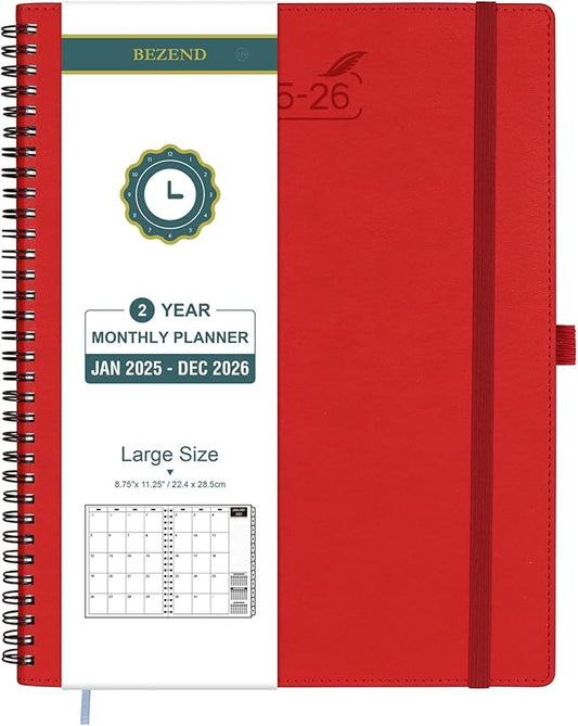 BEZEND Monthly Planner 2025-2026, Large size, 2 Year Monthly Calendar 8.5" x 11" - 120 GSM Thick Paper - Spiral Planner with Pockets, Tabs, Calendar with Note Sections, Pen Loop, Softcover - Red