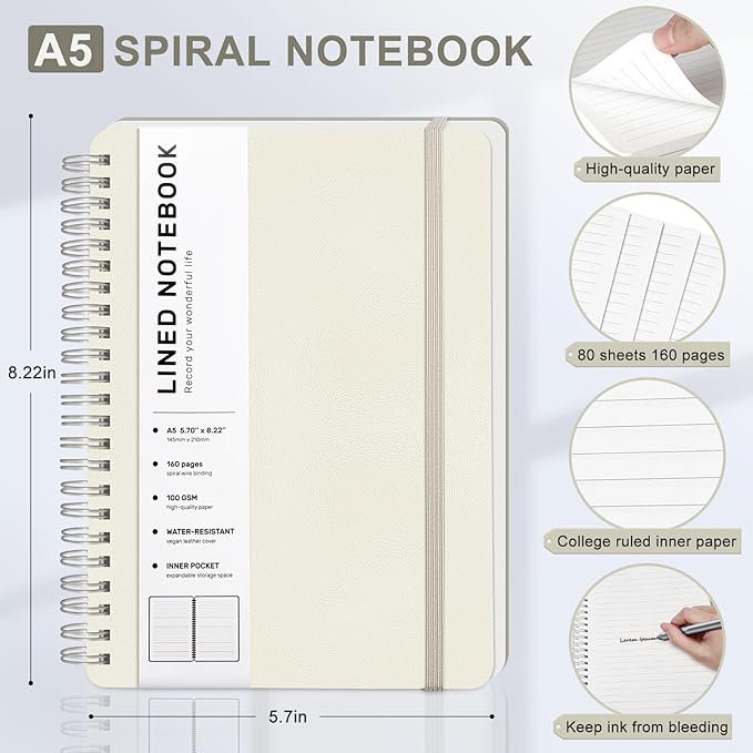 ABERLLS Beige Lined Spiral Journal Notebook with 160 Pages, 8×5.7in, A5 Spiral Notebook, Journaling Notebooks for Work, School, Women, Men, College Ruled Spiral Notebook, Hardcover Leather Journals