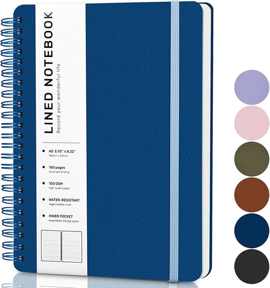 Lined Spiral Journal Notebook, A5 Hardcover Leather Notebook for Work, 5.7''×8.2'', 100GSM Thick Paper Spiral Bound Journaling Notebooks for Women & Men Office School Note Taking Business, Blue