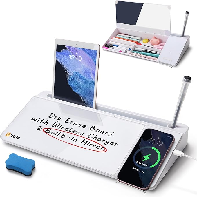 SELEAD Desktop Glass Whiteboard with Wireless Charger Station & Built-in Mirror, Dry Erase Board Computer Pad Keyboard Stand with Organizer for Home, School, Office Desk Accessories, White