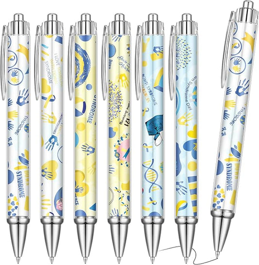 24 Pcs Down Syndrome Pens Bulk Down Syndrome Awareness Party Favors Blue and Yellow Themed Party Decorations Ballpoint Pen for Prizes Office Party Gifts