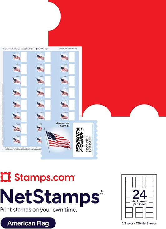 American Flag NetStamps 1200-Pack (50 Sheets) Printable Postage Labels (Stamps.com Subscription Required) - Print Approved Postage - Inkjet & Laser Printers - Business, Personal, Home