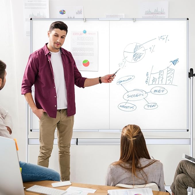 VIZ-PRO Double-Sided Mobile Whiteboard, 60 x 48 Inches, Magnetic Rolling Dry Erase White Board on Wheels with Aluminium Frame and Stand