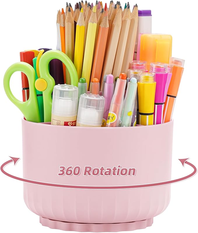 Marbrasse Desk Organizer - 360-Degree Rotating Pen Pencil Holder with 5 Compartments, Art Supply Storage Box Caddy for Office and Home (Pink)