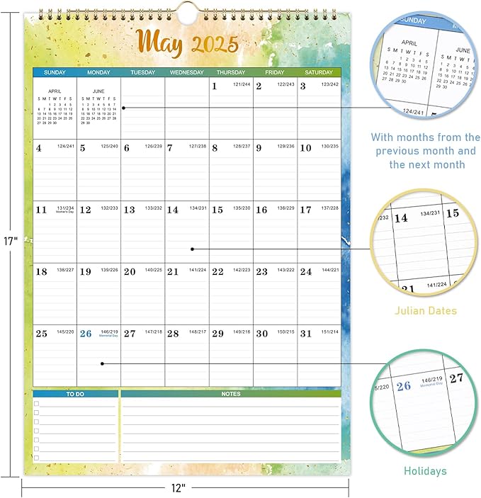 2025 Wall Calendar - Wall Calendar 2025, 12" x 17", Jan.2025 - Dec.2025, 2025 Calendar with 12 Months, Twin-Wire Binding + Hanging Hook + Large Ruled Blocks with Julian Dates