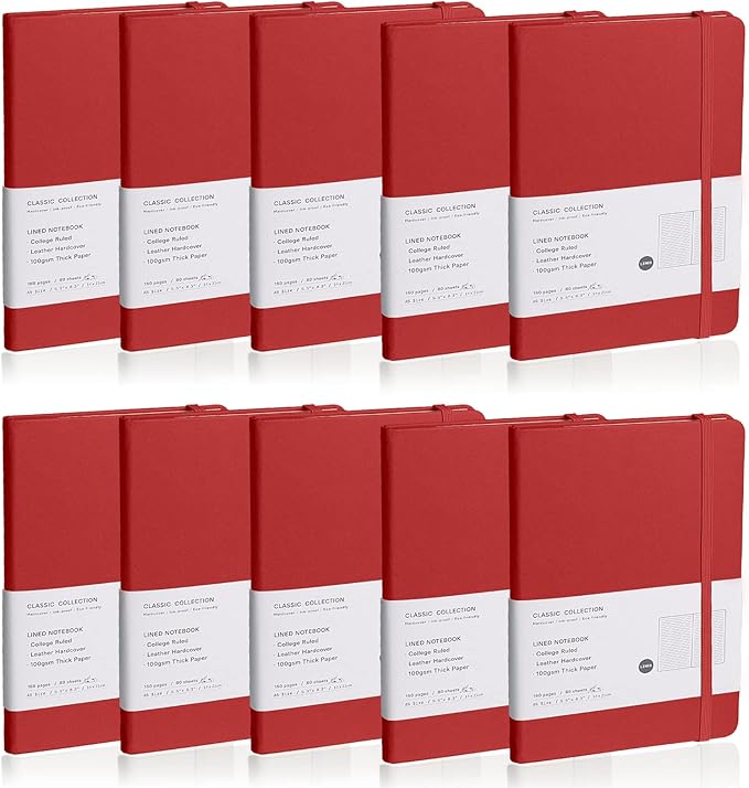 Lined Journal Notebook, 10Pack(Red), 160 Pages, Medium 5.7 inches x 8 inches - 100 gsm Thick Paper, Hardcover