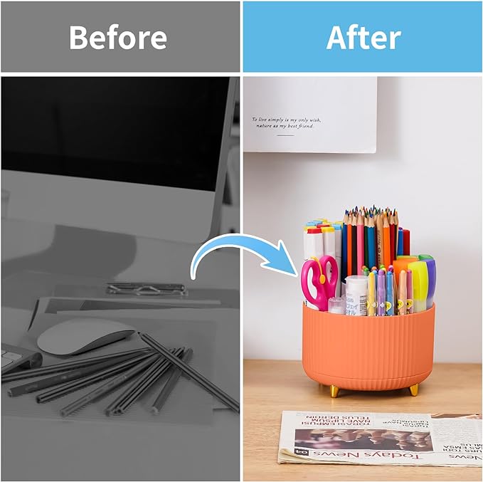 Marbrasse Desk Organizer, 360-Degree Rotating Pen Holder for Desk, Desk Organizers and Accessories with 5 Compartments Pencil Organizer, Art Supply Storage Box Caddy for Office, Home (Orange)