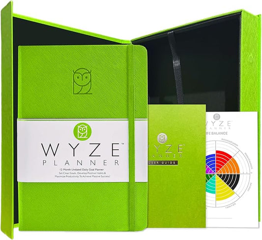 Pro - Goal Setting Planner to Increase Productivity and Achieve Personal and Business Goals. 12 Month Undated Daily, Weekly and Monthly Journal Organizer with Calendar (Lime Green)