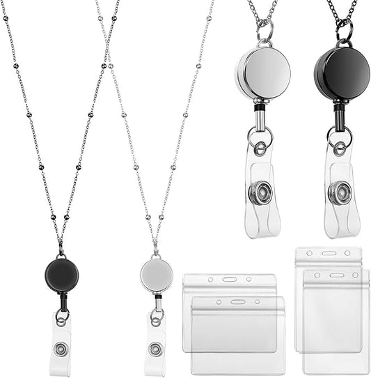Outus 2 Pieces Badge Lanyard with ID Holders Stainless Steel Badge Holders Necklace Retractable Reel Clip Chain Water Resistant Name(Black, Silver)