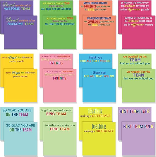 Yinder 24 Pcs Team Sticky Notes Team Appreciation Gifts Bulk Employee Coworker Inspirational Sticky Notes Pad Appreciation Gifts for Teacher Nurse Office Supplies 3 x 3''(Bright Color,Appreciation)