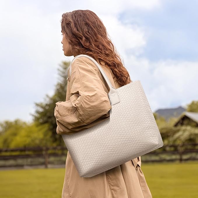 LOVEVOOK Laptop Purses and Handbags for Women, 15.6 Inch Computer Bag Work Tote Briefcase Satchel Handbags for Women with Small Clutch, Beige