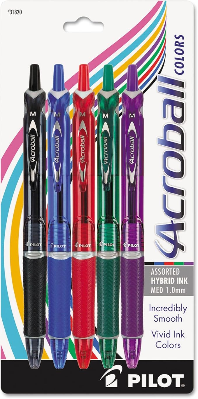 PILOT Acroball Colors Advanced Ink Refillable & Retractable Ball Point Pens, Medium Point, Black/Blue/Red/Green/Purple Inks, 5-Pack (31820)