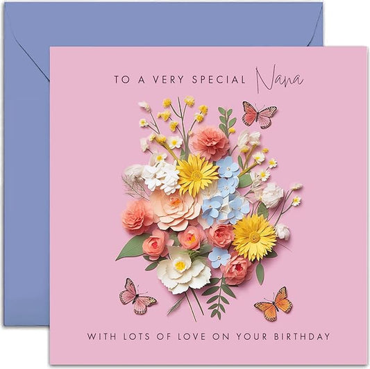 Old English Co. Special Nana Birthday Card for Her - Pink Flower Butterfly Artwork Birthday Card for Nana from Grandchildren - Cute Nana Birthday Card for Her | Blank Inside Envelope