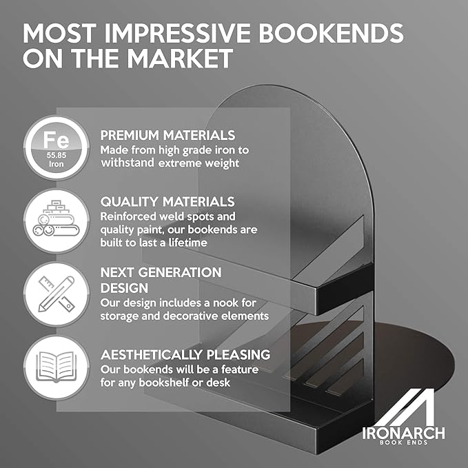 Iron Arch Modern and Decorative Bookends for Heavy Books, 200% Stronger & Heavier Than The Average Bookends, Large Bookends with Matching Bonus Storage Cup (Carbon Black)