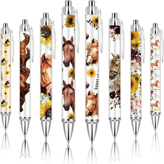 Ireer 8 Pcs Ballpoint Pens for Women 1.00 mm Cute Black Ink Fancy Pens Fine Point Smooth Writing for Journaling Aesthetic Office Supplies(Horse)