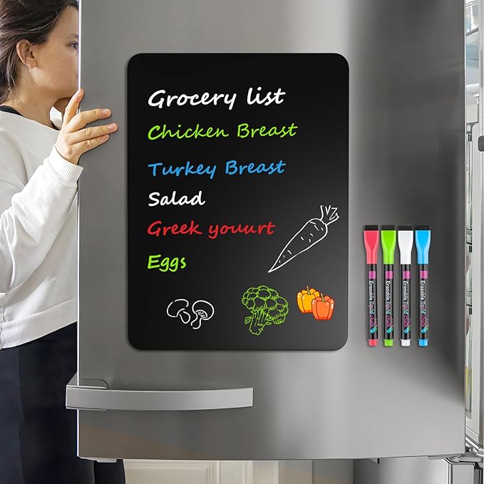 MaxGear Magnetic Black Dry Erase Board Sheet for Refrigerator, 16"x12" Fridge Magnetic Whiteboard for Kitchen, Fridge Shopping List for Family Planner and Grocery List, 4 Chalk Markers