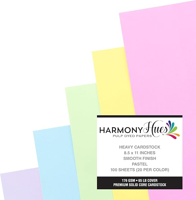 Cardstock 8.5 x 11 Paper Pack - 65lb Smooth Card Stock for Crafts, Cardmaking, Printers - 100 Scrapbook Sheets, 5 Assorted Colors - Double Sided with Solid Core, Pastel