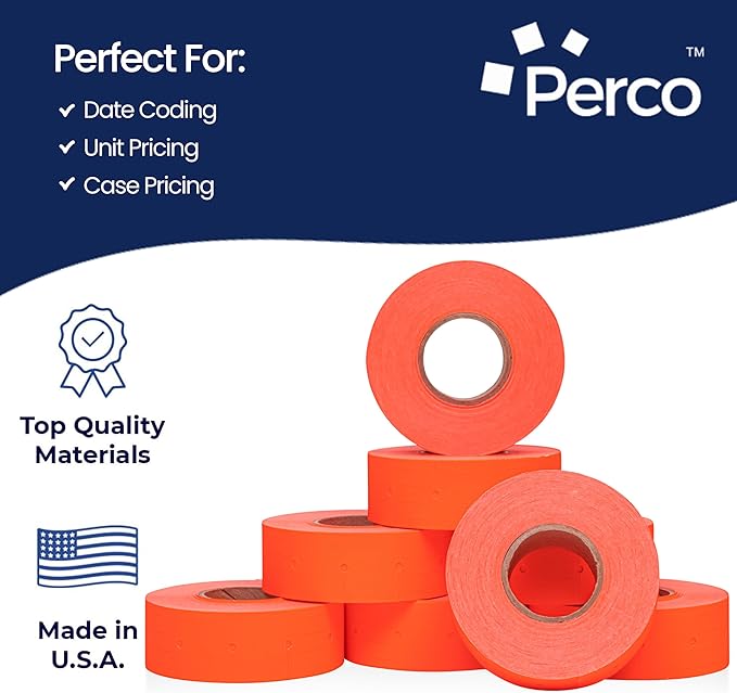 Perco 2 Line Fluorescent Red Labels - 8 Rolls, 1 Sleeve, 6,000 Blank Price and Date Gun Labels for Perco 2 Line Price and Date Guns - Made in USA