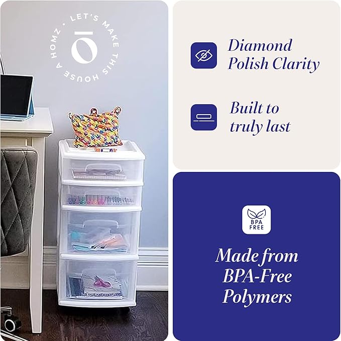 HOMZ 2-Pack 5-Drawer Storage Unit, Home & Office Plastic Organizer, White Frame