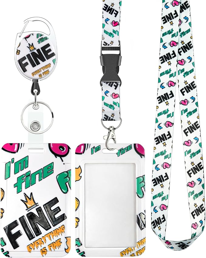 Uniclife Fashionable Sliding Badge Holder Graffiti Plastic Case with Retractable Badge Reel Carabiner Clip & Detachable Lanyard Strap Embossed Vertical Card Protector for Women Nurse Teacher Student