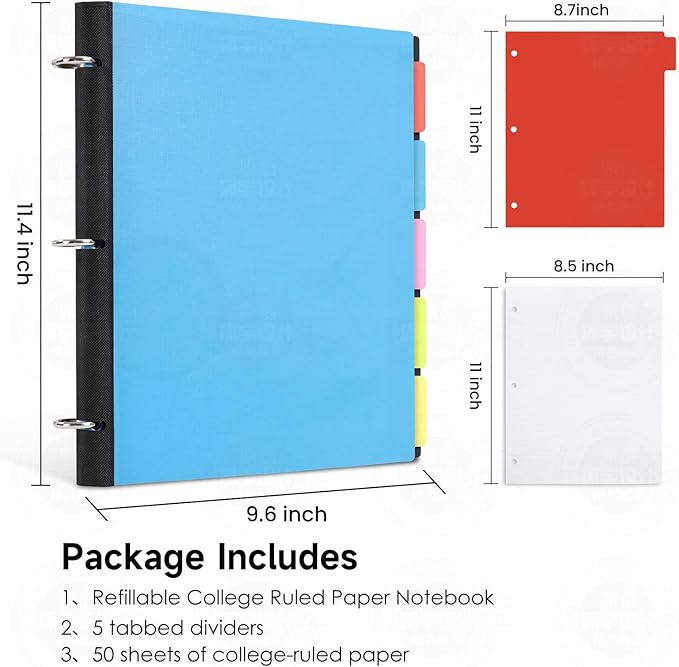 Pivotable Refillable Notebook, Notebook with Dividers and Tabs, 50 College Ruled Paper, 5 Plastic Tabbed Subject Dividers, 200 Sheets Capacity- Blue