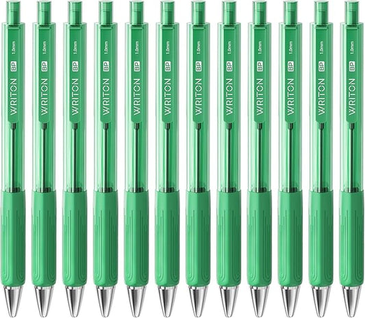 Writon Retractable Ballpoint Pens, Triangle Grip and Barrel, 1.0mm Medium Point, Green Ink, 12 Pack