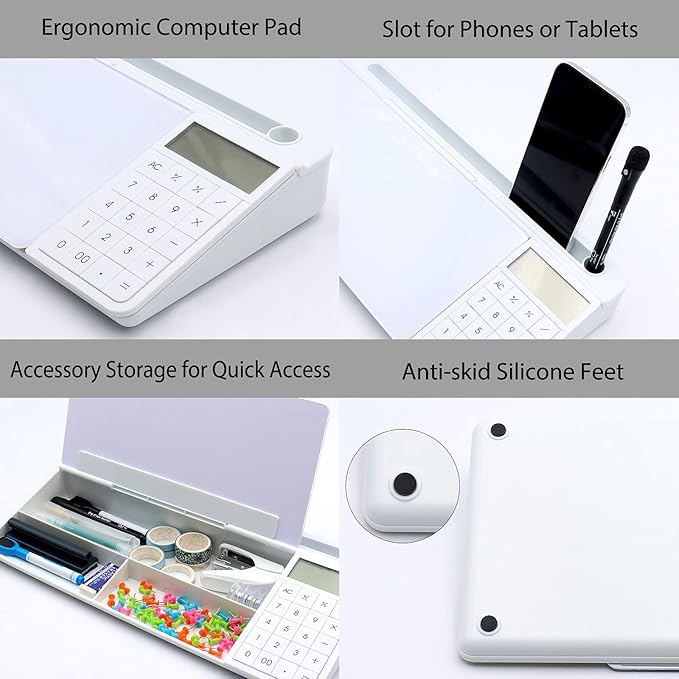 TOWON Desktop Glass Whiteboard with Basic Calculator, 12 Digit LCD Display, Desk Organizers with Accessories for Office, Home, School Supplies, Storage with Dry Erase Board Surface, White, 18'' x 6''