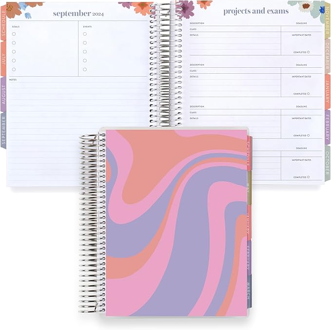 Erin Condren 12-Month Spiral Academic Planner (Jan 2025 - Dec 2025) | 7x9 School Agenda, Notebook and Calendar | 80 Lb. Text Weight Paper | Groovy Waves Cover and Floral Interior, Platinum Coil
