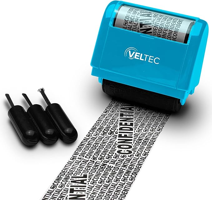 Veltec ID Protector Ink Roller - Identity Theft Protection Roller Stamp Set (Blue, Stamp+3 Refills)