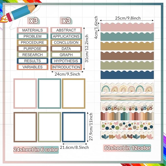 90 Pcs Science Fair Board Supplies 60 Trim Scalloped Bulletin Board Borders 24 Presentation Board Subtitles 6 Science Fair Titles for Classroom Display Boards(Boho)