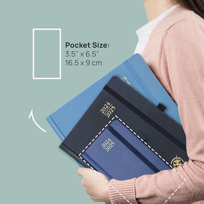 POPRUN Pocket Calendar 2024-2025 for Purse 3.5''x6.5'' Hardcover (17-Month: Aug.24 to Dec.25) Small Academic Planner Daily Weekly Monthly Agenda with Pen Holder, Ivory Paper - Haze Blue