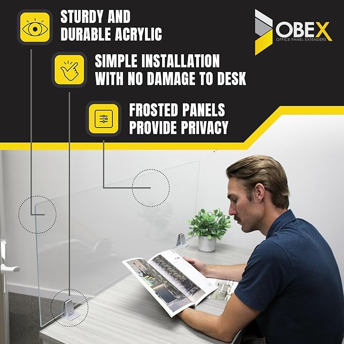 Obex Clear Acrylic Desk Mounted Privacy Panel, 12", Aluminum