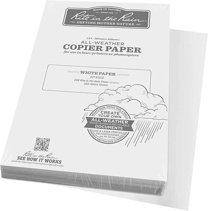 Rite In The Rain Weatherproof Copier Paper, A3 29.7cm x 42cm, 20# White, 200 Sheet Pack (No. 8518)