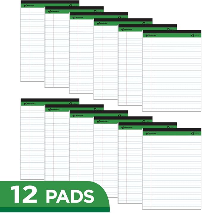 KAISA Legal Pads Writing Pads Recycled Paper, 8.5"x11.75" Wide Ruled, 50 sheets 8-1/2"x 11-3/4" Perforated Writed Pad, White Pack of 12pads, KSU-5293