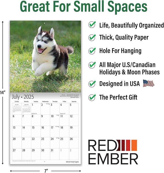 RED EMBER Siberian Husky Puppies Mini 2025 Wall Calendar 12 Month | 7" x 14" Open | Thick & Sturdy Paper | Giftable | Calendar 2025