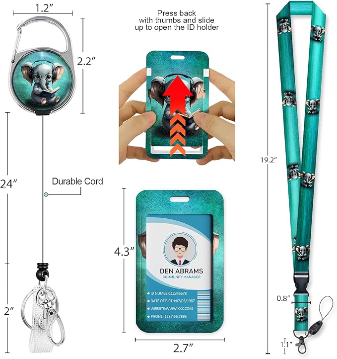 Lanyards for Id Badges, Cute Elephant Badge Holder with Retractable Heavy Duty Reel Belt Clip, Work Card Name Tag Lanyard Vertical ID Card Protector for Women Nurse Doctor Teacher Student