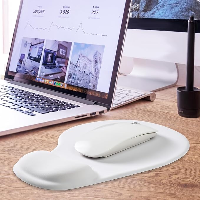 JIKIOU Mouse Pad, 2 Pack Ergonomic Mouse Pads with Comfortable Gel Wrist Rest Support and Lycra Cloth, Non-Slip PU Base for Easy Typing Pain Relief Durable and Easy to Clean Small White