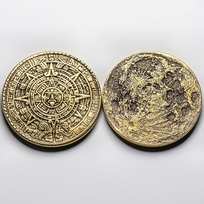 The Sun and Moon Worry Coin - Aztec Sun Stone Calendar and Moon